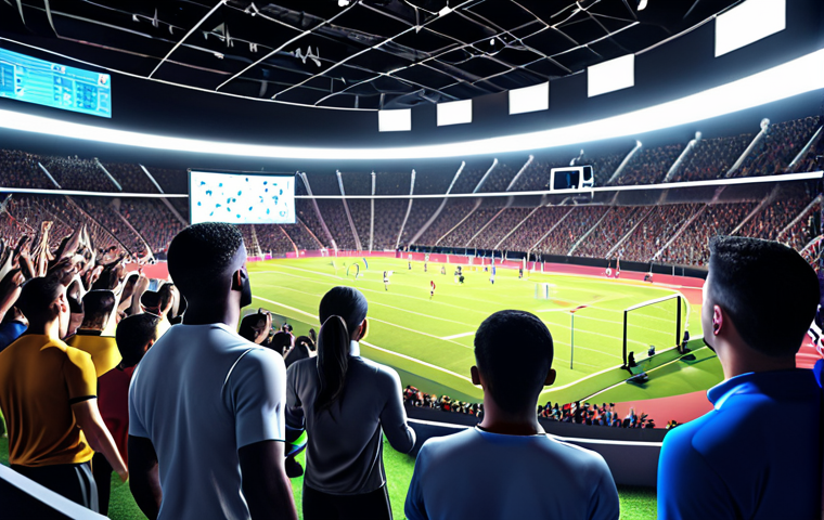 ** Dynamic sports scene with diverse fans cheering, overlaid with data visualization graphs showing positive engagement metrics. A clean, modern aesthetic with a focus on technology.

**