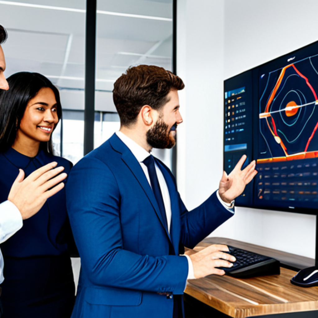 A diverse group of professional sports marketers, including men and women, in a dynamic, modern office environment. They are fully clothed in professional business casual attire, actively collaborating around a large digital display showing sports analytics and abstract brand concepts. The atmosphere is energetic and focused, highlighting teamwork and strategic thinking. Perfect anatomy, correct proportions, natural poses, well-formed hands, proper finger count. Professional photography, high quality, safe for work, appropriate content, modest clothing.