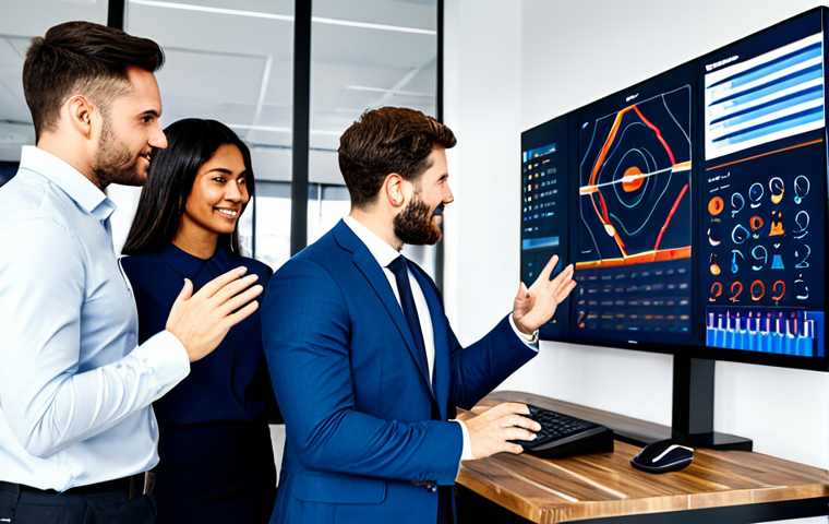 A diverse group of professional sports marketers, including men and women, in a dynamic, modern office environment. They are fully clothed in professional business casual attire, actively collaborating around a large digital display showing sports analytics and abstract brand concepts. The atmosphere is energetic and focused, highlighting teamwork and strategic thinking. Perfect anatomy, correct proportions, natural poses, well-formed hands, proper finger count. Professional photography, high quality, safe for work, appropriate content, modest clothing.