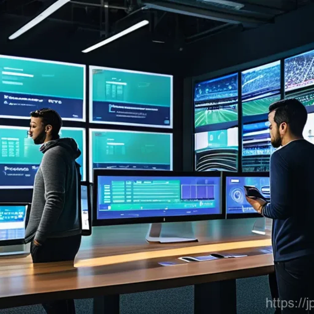 스포츠마케팅 전문가로 성장하기 위한 실천 팁 - **Prompt 1: Data-Driven Fan Experience**
Visualize a modern sports marketing control center, bri...