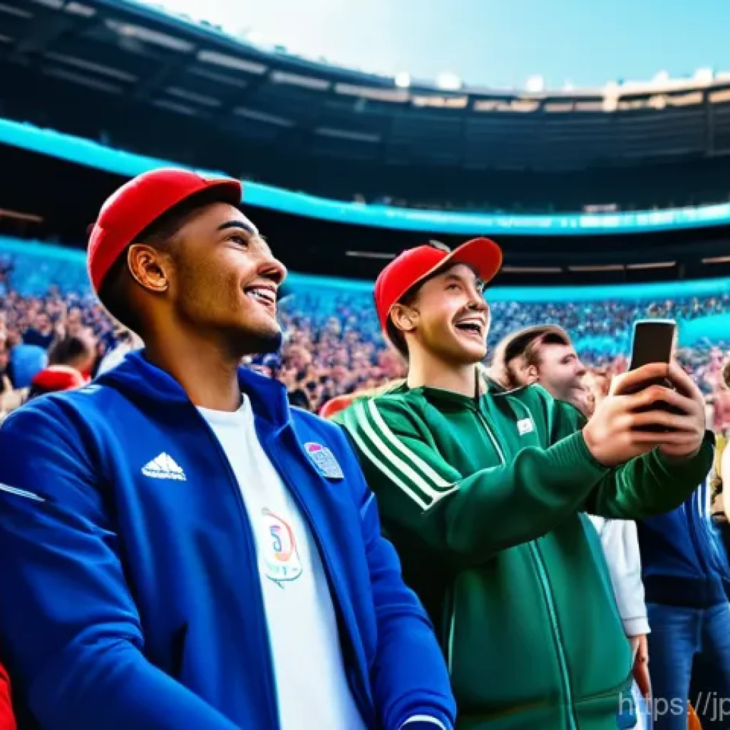 스포츠마케팅에서 비즈니스 모델 개발 - **Prompt:** A dynamic, vibrant scene inside a modern sports stadium or a bustling fan zone. A divers...