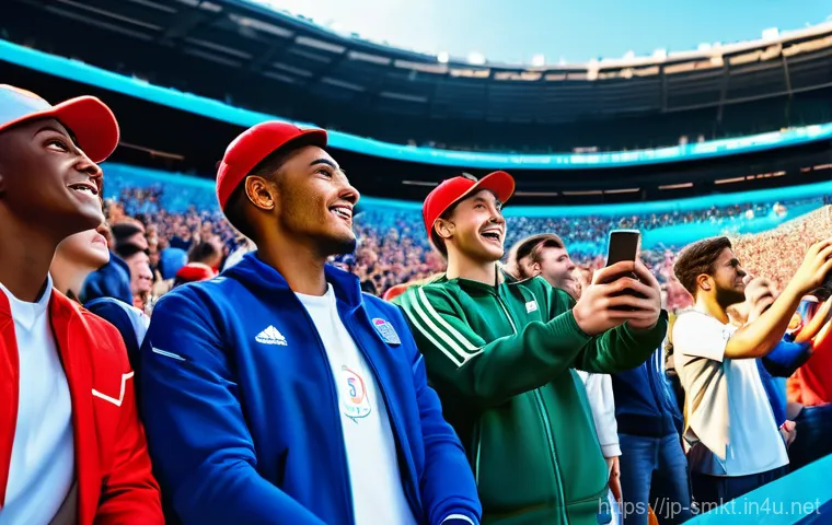 스포츠마케팅에서 비즈니스 모델 개발 - **Prompt:** A dynamic, vibrant scene inside a modern sports stadium or a bustling fan zone. A divers...