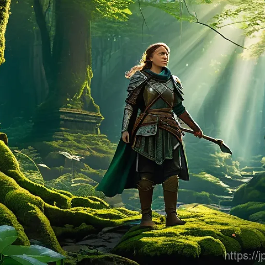 스포츠 이벤트의 홍보 전략 및 실행 사례 - A young female adventurer stands on a moss-covered ancient ruin amidst a lush, vibrant fantasy fores...
