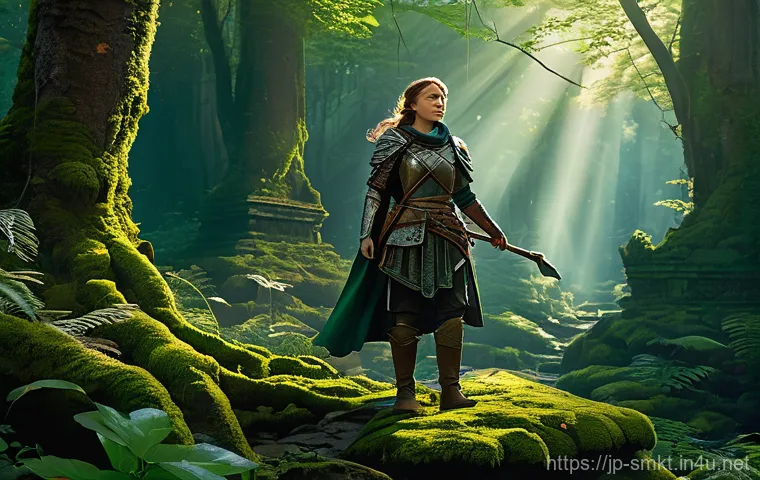 스포츠 이벤트의 홍보 전략 및 실행 사례 - A young female adventurer stands on a moss-covered ancient ruin amidst a lush, vibrant fantasy fores...