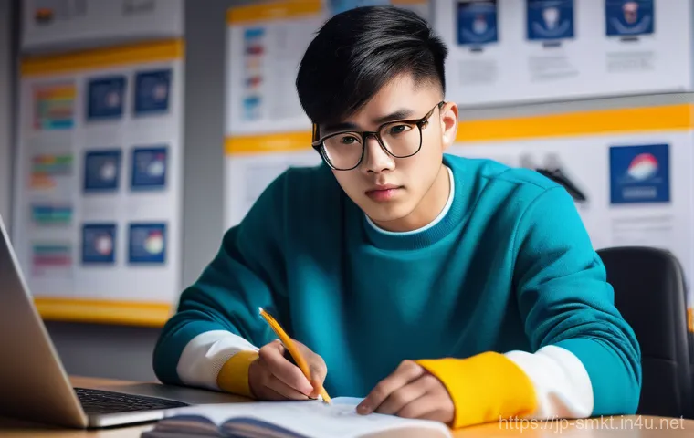 스포츠마케팅 자격증 취득 가이드 - **Prompt:** A determined and focused young adult, of East Asian descent, sits at a modern desk, surr...