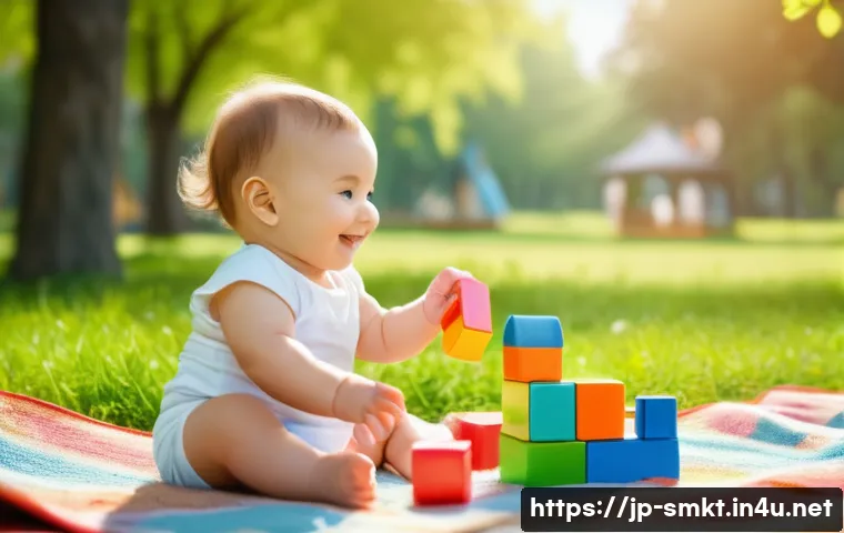 스포츠마케팅 전문가로서의 경력 관리 전략 - **Prompt:** A sunlit park scene. A cute toddler wearing a diaper is playing with colorful building b...