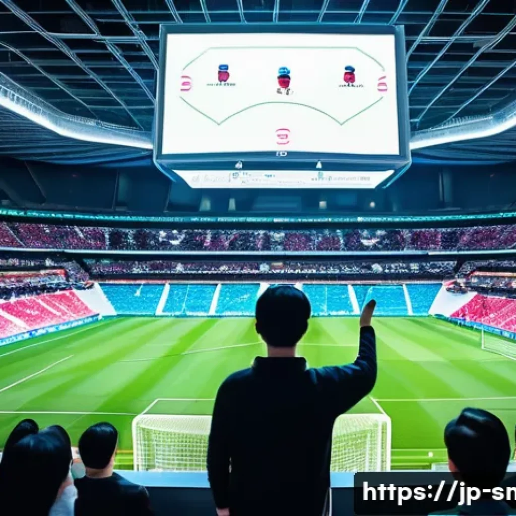 스포츠마케팅에서 빅데이터 활용 - A dynamic scene inside a modern Japanese stadium during a live soccer match, featuring fans of diver...