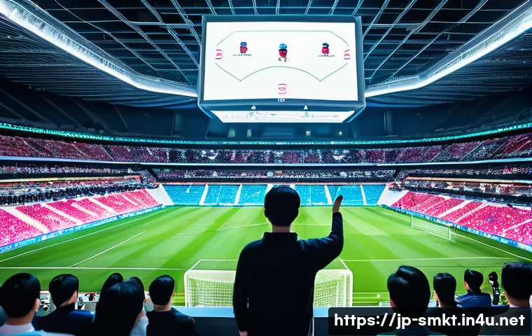스포츠마케팅에서 빅데이터 활용 - A dynamic scene inside a modern Japanese stadium during a live soccer match, featuring fans of diver...