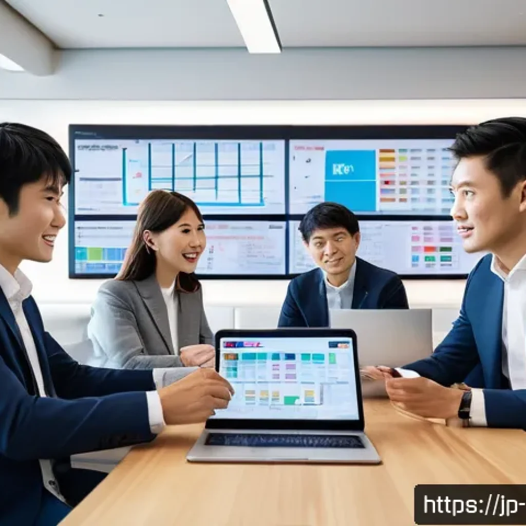 스포츠마케팅 전문가를 위한 자가진단 체크리스트 - A modern Japanese sports marketing team working collaboratively in a bright, stylish office filled w...