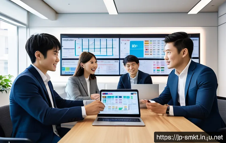 스포츠마케팅 전문가를 위한 자가진단 체크리스트 - A modern Japanese sports marketing team working collaboratively in a bright, stylish office filled w...
