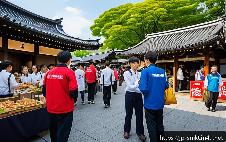 스포츠마케팅 이벤트와 지역 경제 효과 분석 - A lively Japanese local sports event scene centered around a vibrant town square near a train statio...