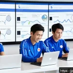 스포츠마케팅 전문가가 알아야 할 법률 - A modern digital sports marketing office scene in Japan, showing a diverse team of professionals ana...