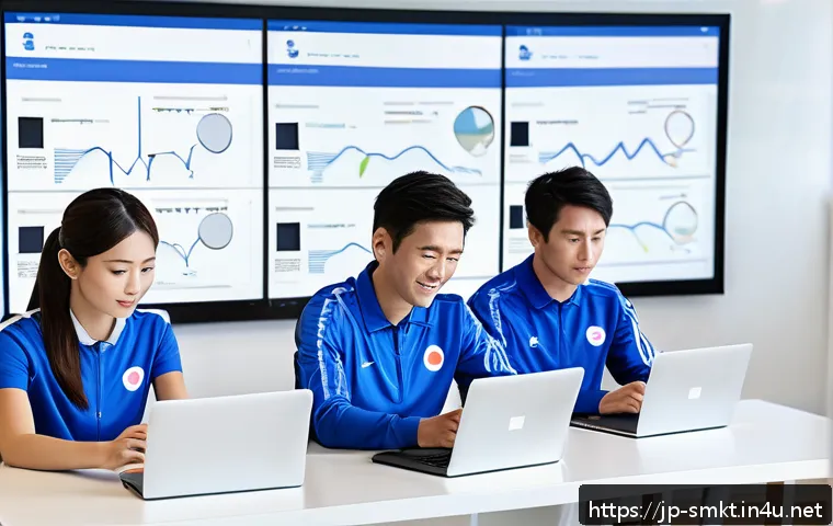 스포츠마케팅 전문가가 알아야 할 법률 - A modern digital sports marketing office scene in Japan, showing a diverse team of professionals ana...