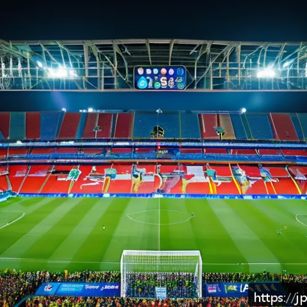 스포츠 구단과 글로벌 스폰서십 성공 사례 - A vibrant global football stadium scene at night, filled with diverse fans from Asia and Europe wear...