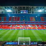스포츠 구단과 글로벌 스폰서십 성공 사례 - A vibrant global football stadium scene at night, filled with diverse fans from Asia and Europe wear...