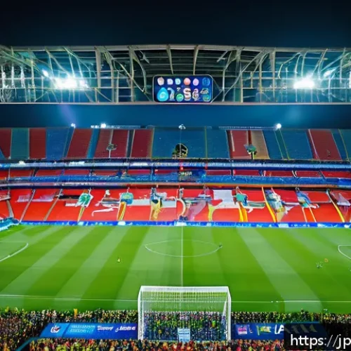스포츠 구단과 글로벌 스폰서십 성공 사례 - A vibrant global football stadium scene at night, filled with diverse fans from Asia and Europe wear...