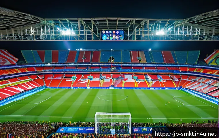 스포츠 구단과 글로벌 스폰서십 성공 사례 - A vibrant global football stadium scene at night, filled with diverse fans from Asia and Europe wear...
