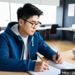 스포츠마케팅 국제 자격증 시험 후기 - A focused Japanese student studying for an international sports marketing certification exam at a mo...
