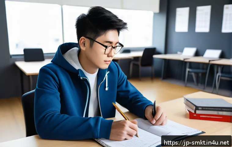 스포츠마케팅 국제 자격증 시험 후기 - A focused Japanese student studying for an international sports marketing certification exam at a mo...