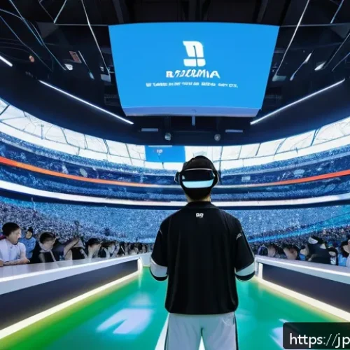 스포츠마케팅에서의 혁신 사례 - A futuristic sports stadium scene viewed through a VR headset perspective, showing excited fans wear...