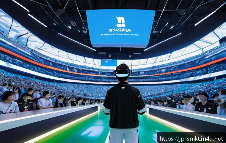 스포츠마케팅에서의 혁신 사례 - A futuristic sports stadium scene viewed through a VR headset perspective, showing excited fans wear...