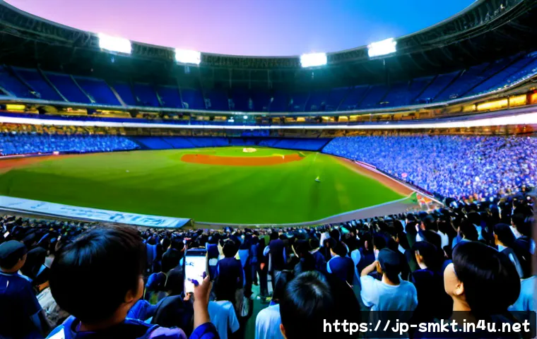 스포츠마케팅에서의 디지털 전환 사례 - Photorealistic night scene inside a modern Japanese baseball stadium, a diverse crowd of fans using ...