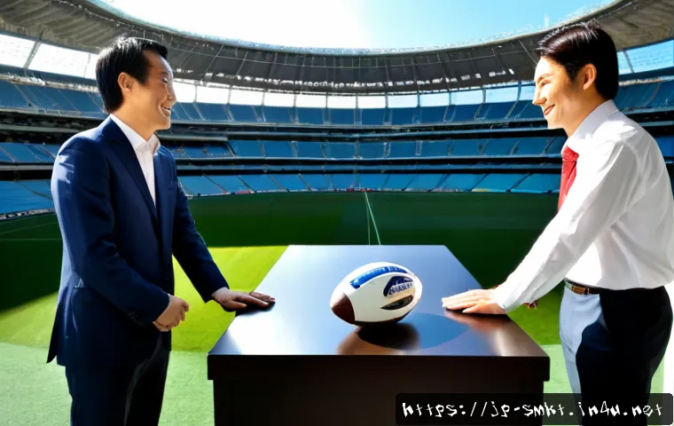 스포츠마케팅에서의 파트너십 구축 방법 - Photorealistic sports marketing partnership meeting in a modern Tokyo stadium skybox, Japanese busin...