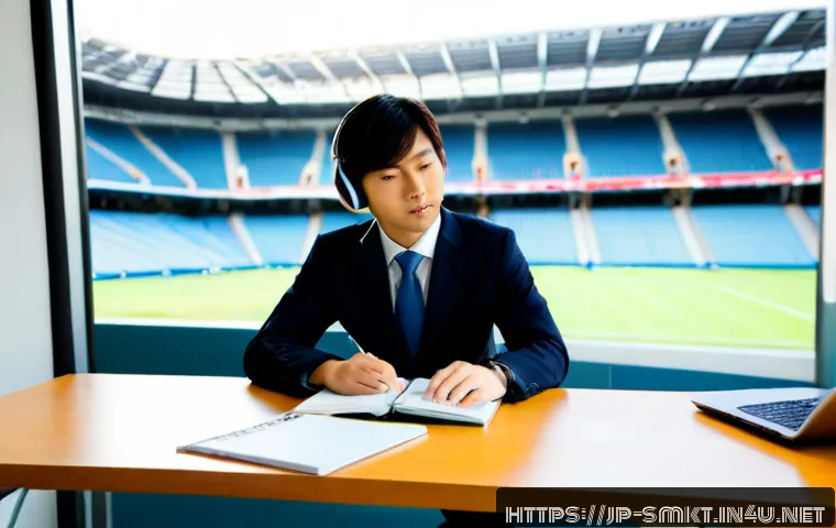 스포츠마케팅 직무를 위한 언어 학습 전략 - Photorealistic sports marketing career language-learning scene, a young Japanese professional in sma...